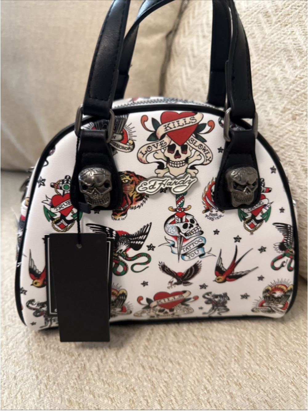 Ed Hardy Skull Tattoo Print Bowler Bag Small Vegan Leather NWT